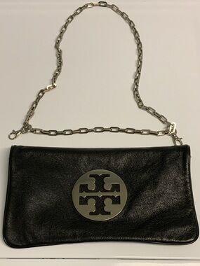 Tory Burch Black Leather Chain Crossbody with Silver Logo